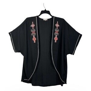 GB Gianni Bini Black Sheer Kimono Cardigan Medium Embroidered Boho Coverup Top